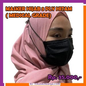 Masker 3 Ply 3ply Hijab Headloop Hitam Grade Medical Isi 10