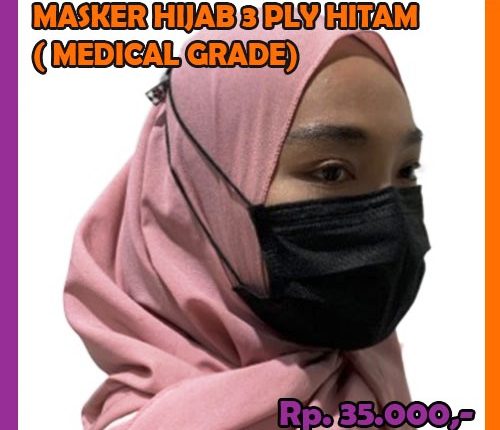 Masker 3 Ply 3ply Hijab Headloop Hitam Grade Medical Isi 10